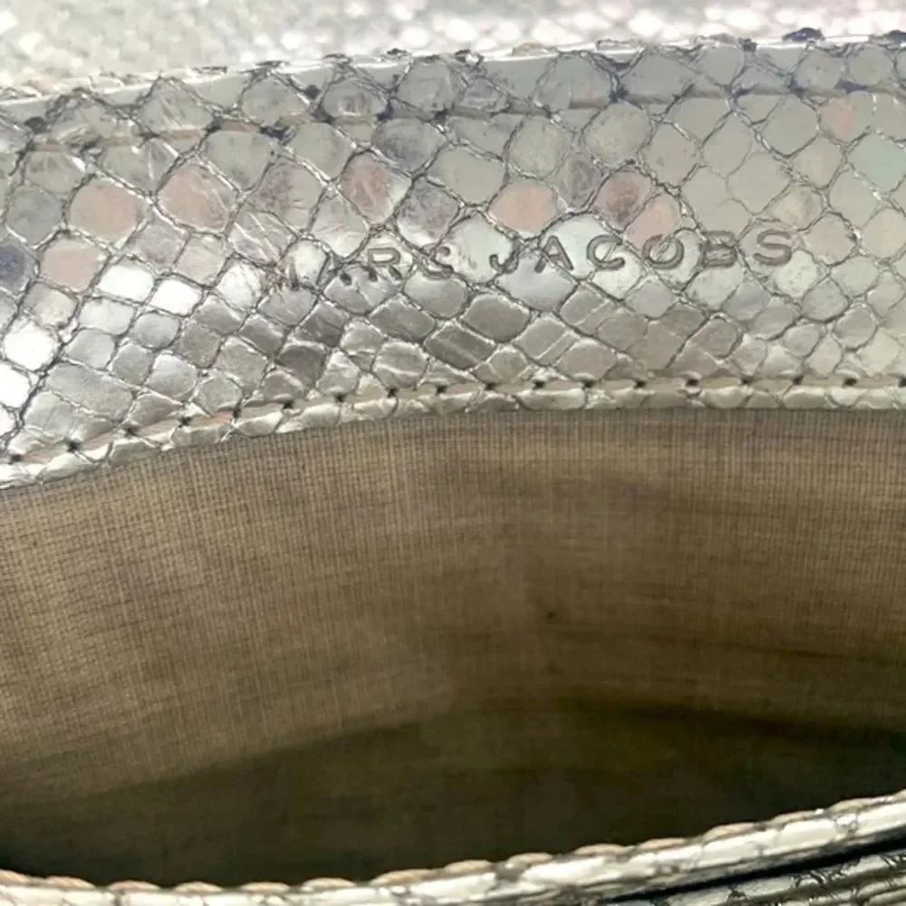 Marc Jacobs Quilted Leather Snakeskin Animal Print Embossed Studded Silver Bag